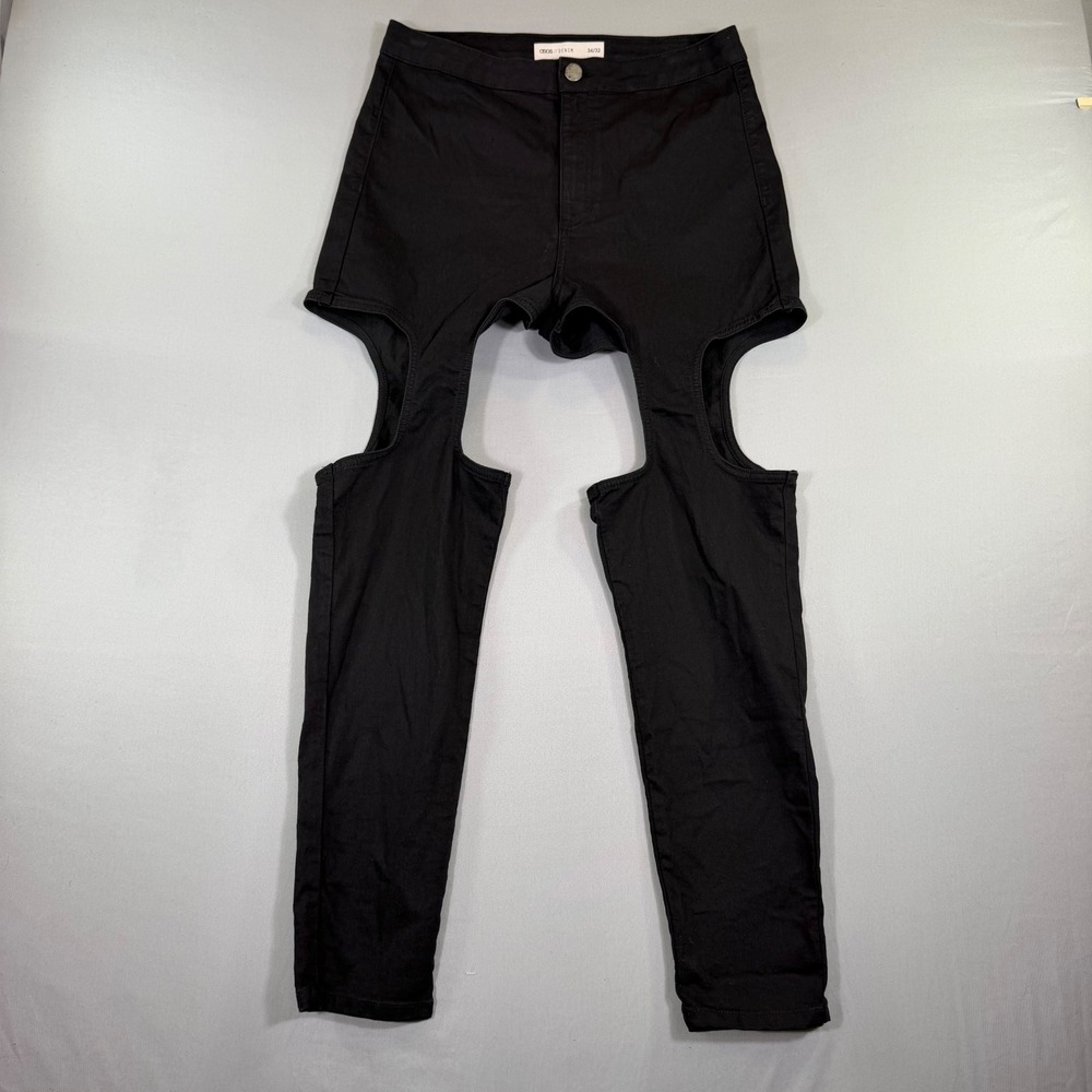 ASOS Jeans Womens 34/32 Black Thigh Cut Out Y2K Indie Sleaze Grunge Festival